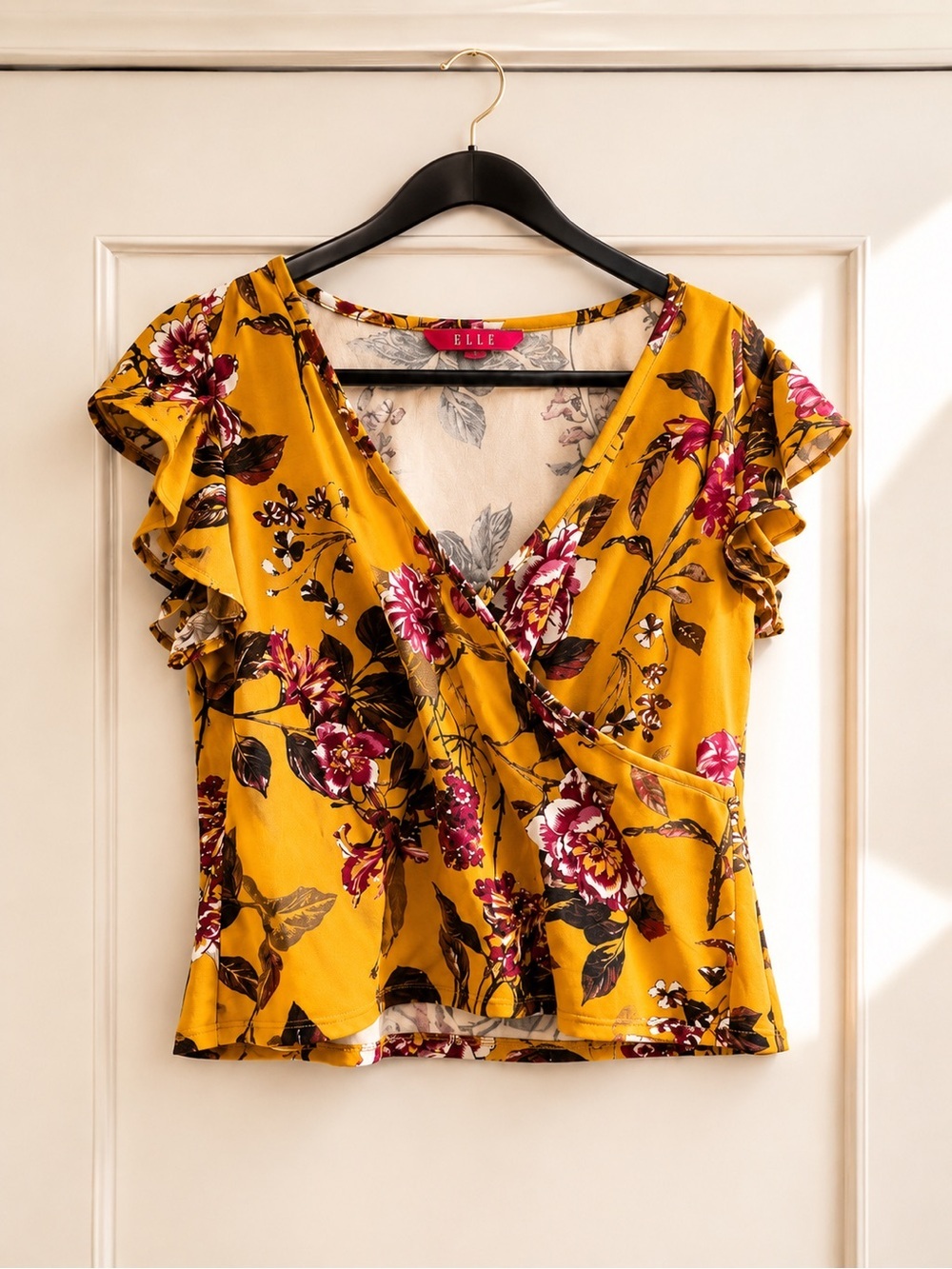 PLUS SIZE SET Mustard Floral Surplice Ruffle Sleeve Top With Matching Pants 2x